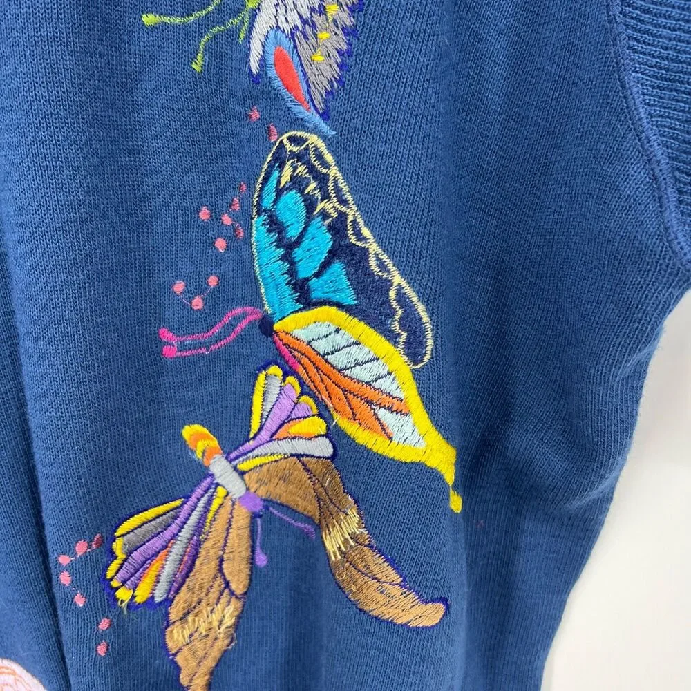Vintage Cyn Les Shirlee Embroidered BUTTERFLY Sweater Blue Size 22
